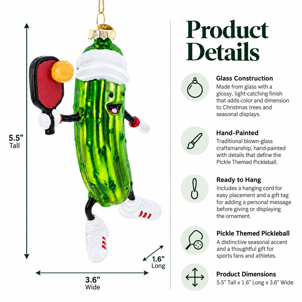 Pickle Themed Pickleball Glass Christmas Ornament - Pickleball Twist!