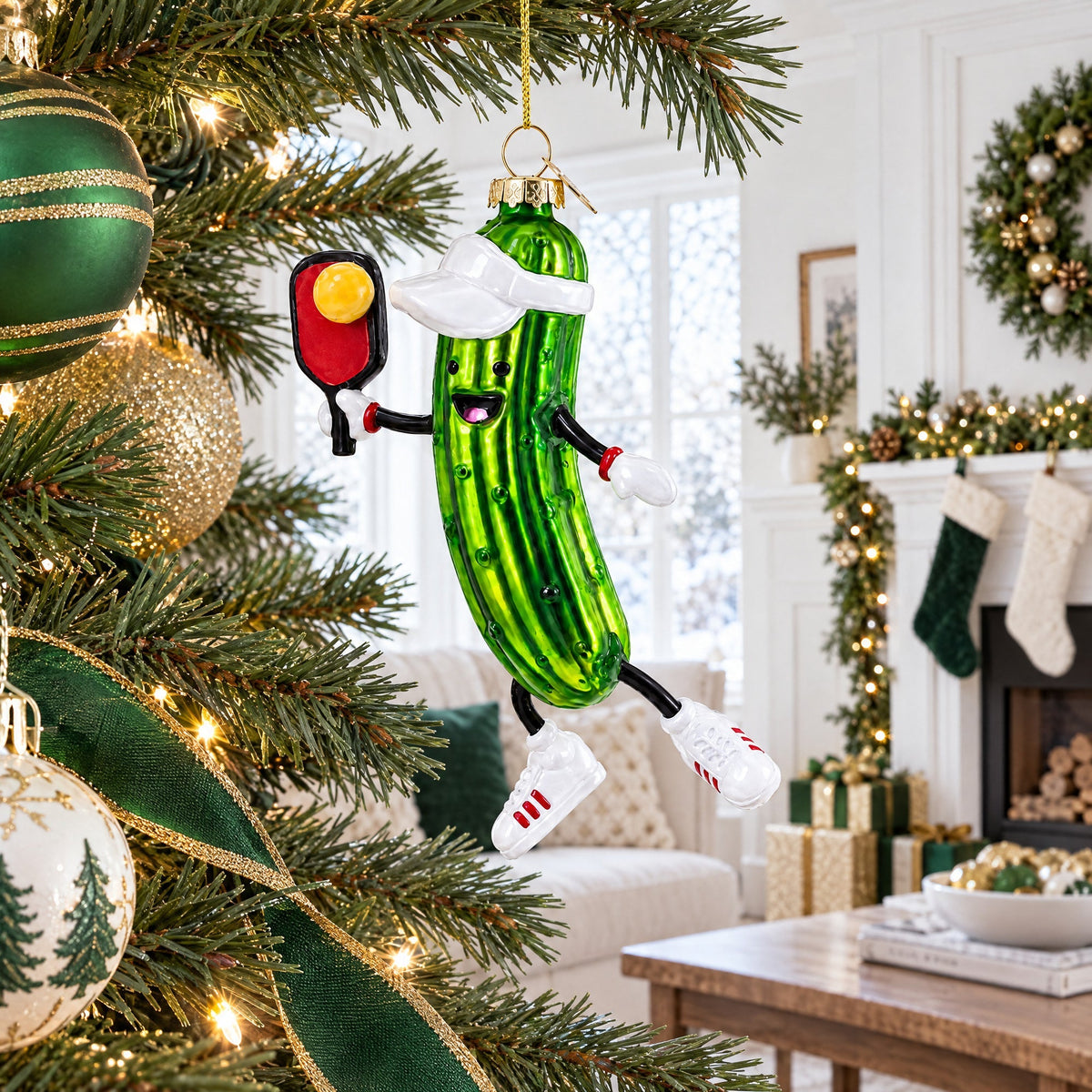Pickle Themed Pickleball Glass Christmas Ornament - Pickleball Twist!