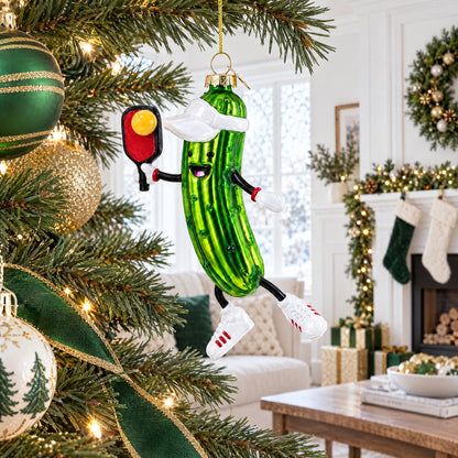 Pickle Themed Pickleball Glass Christmas Ornament - Pickleball Twist!
