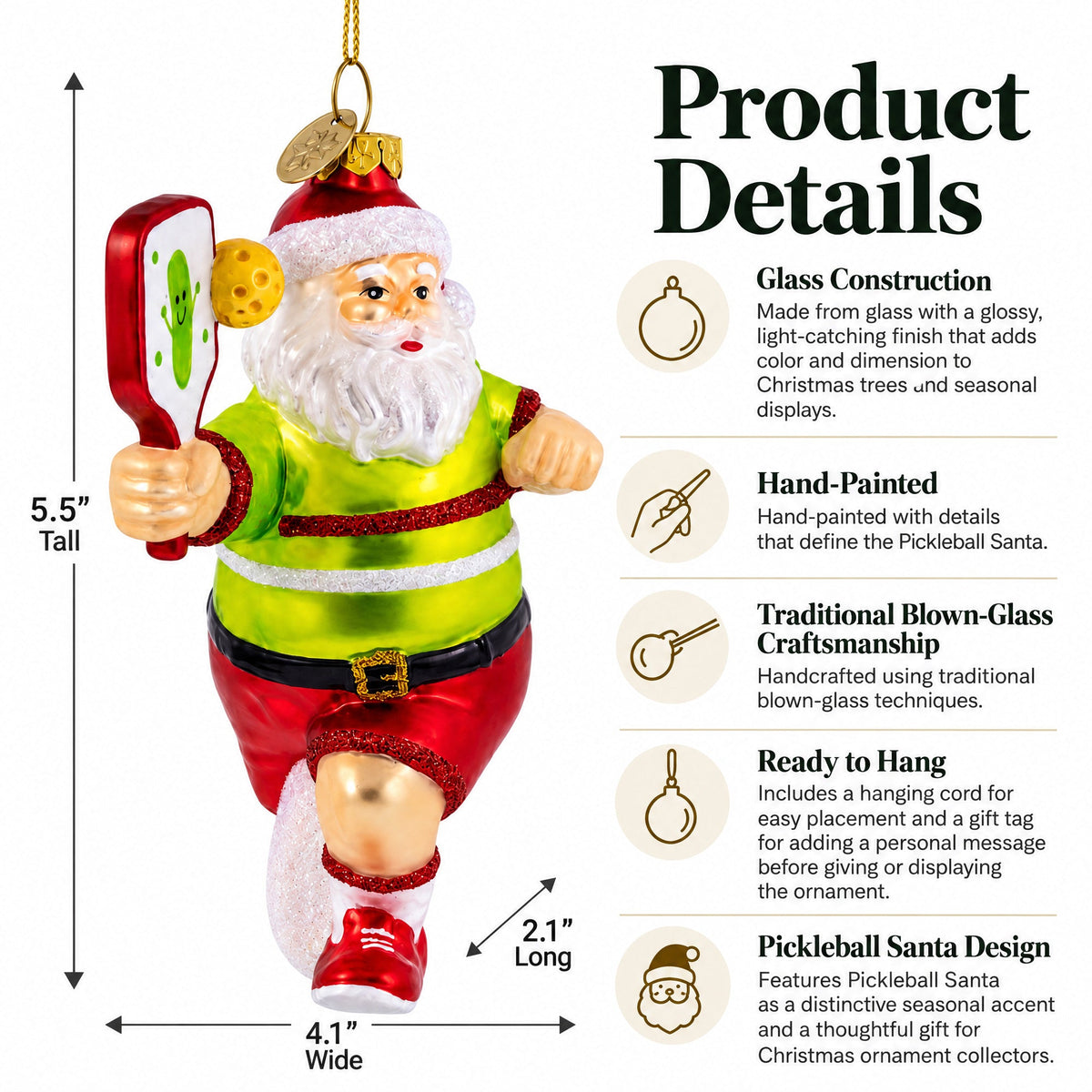 Pickleball Santa Glass Christmas Ornament - Pickleball Twist!