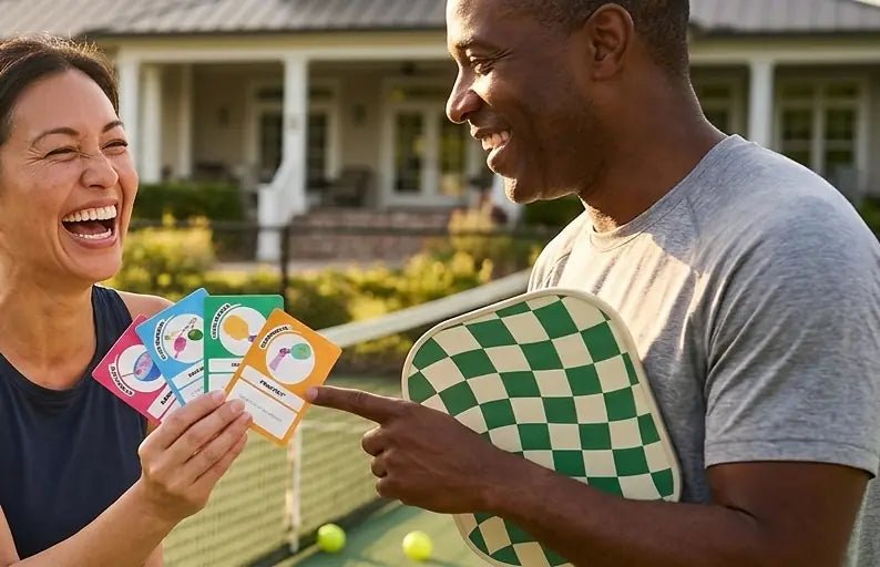 Friends laughing on a pickleball court while holding Pickleball Twist cards