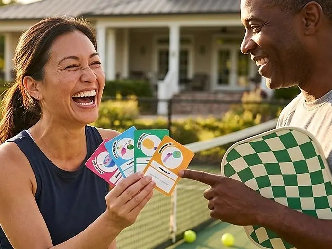 Friends laughing on a pickleball court while holding Pickleball Twist cards